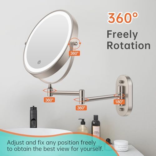 Wall-Mounted Lighted Makeup Vanity Mirror With Rechargeable Battery 360-Degree Rotation