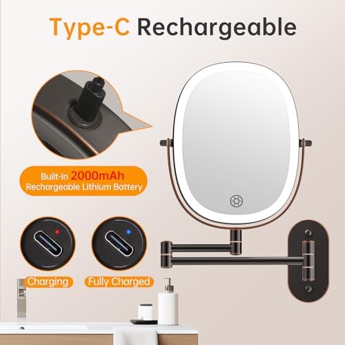 Rechargeable LED Wall-Mounted Makeup Mirror with 7x Magnification