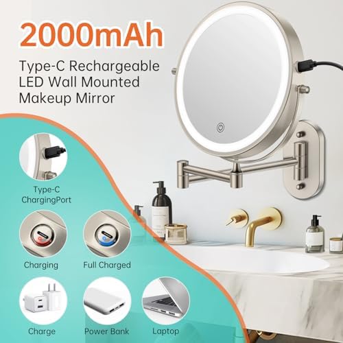 Wall-Mounted Lighted Makeup Vanity Mirror With Rechargeable Battery 360-Degree Rotation