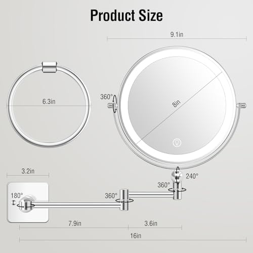 ubymet 360 rotation adjustable 10x large wall mounted makeup mirror