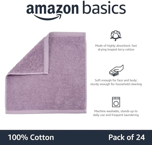 Amazon Basics Washcloth for Bathroom 100 Cotton Fast Drying