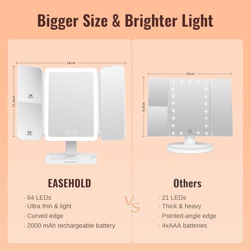EASEHOLD Trifold Makeup Mirror with Touch Control for Women
