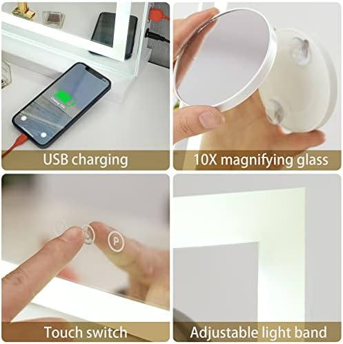 Sucedey Vanity Mirror Touch Screen Adjustable Lighting Detachable 10X Magnifier