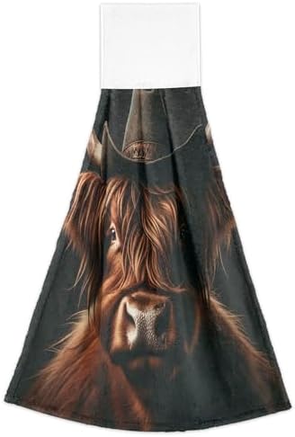 Scottish Highland Cow Fingertip Towels 2PCS Absorbent Kitchen Linen with Loop