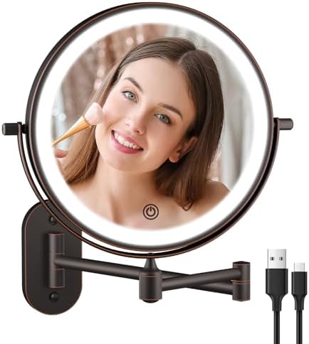 FUNTOUCH Rechargeable Wall Mount Makeup Mirror 8 Inch Double Sided 10X Magnification