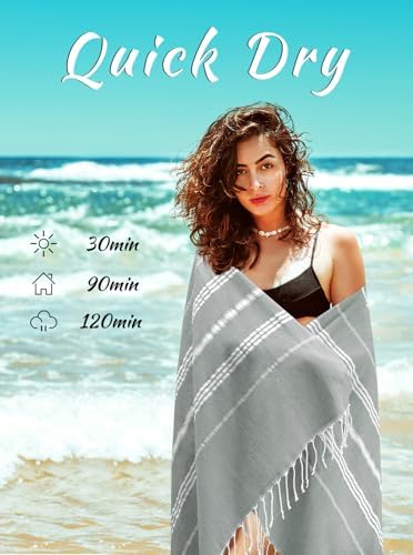 Cotton Turkish Beach Towel - Lightweight Sand Free Quick Drying Oversized Prewashed
