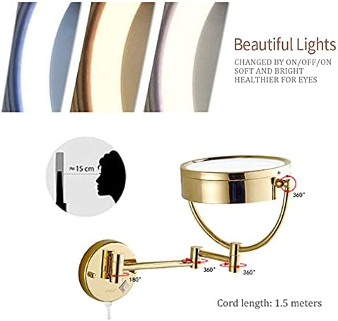 Gold Wall-Mounted Makeup Mirror with Swivel Extension and LED Light