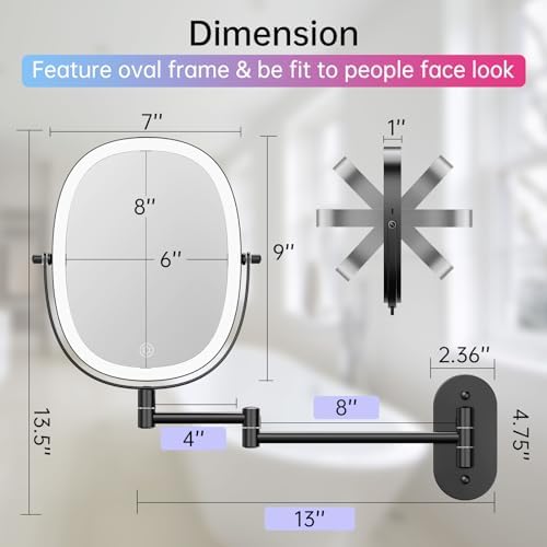 Durable Wall-Mounted Makeup Vanity Mirror with Rechargeable LED 1x7x Magnification