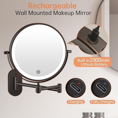 FUNTOUCH Rechargeable Wall Mount Makeup Mirror 8 Inch Double Sided 10X Magnification