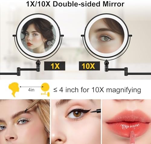 9 Inch Wall Mounted Lighted Makeup Mirror with 1X10X Magnification