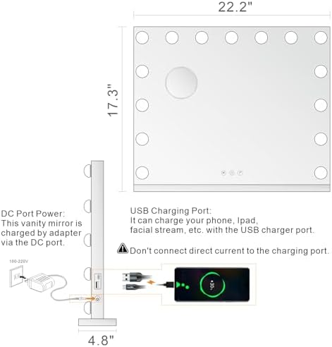 LOMRECS Vanity Mirror with 15 Dimmable Led Bulbs and USB Touch Control