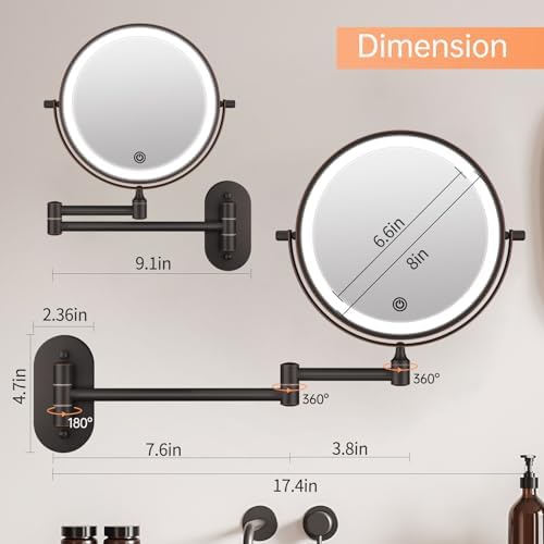 FUNTOUCH Rechargeable Wall Mount Makeup Mirror 8 Inch Double Sided 10X Magnification