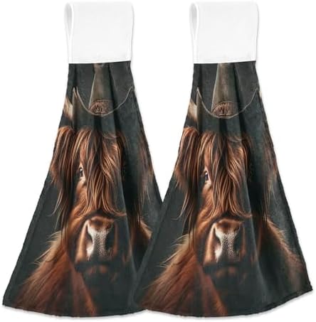 Scottish Highland Cow Fingertip Towels 2PCS Absorbent Kitchen Linen with Loop