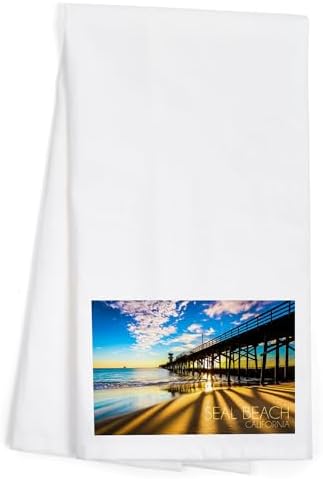 Lantern Press California Seal Beach Pier at Sunset 100 Cotton Beach Towel
