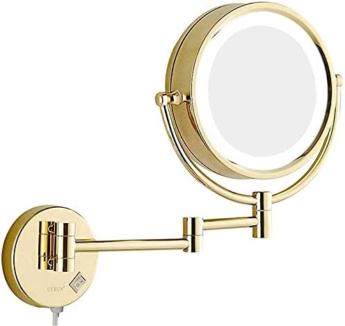 Gold Wall-Mounted Makeup Mirror with Swivel Extension and LED Light
