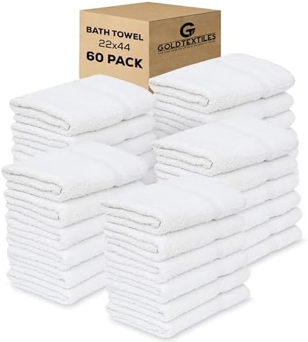 GOLD TEXTILES 60-Pack Economy White Bath Towels Bulk 22x44 Inches