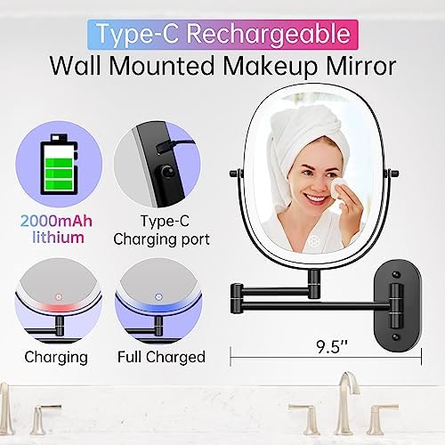 Durable Wall-Mounted Makeup Vanity Mirror with Rechargeable LED 1x7x Magnification