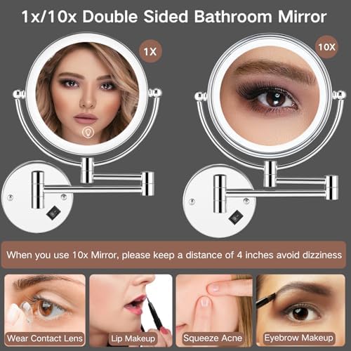 10-Inch wall-mounted Lighted Makeup Mirror with 1x 10x Magnification