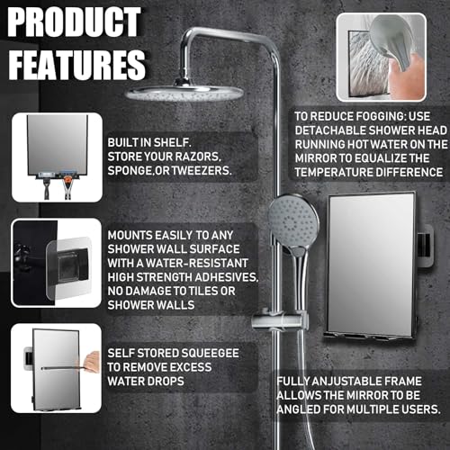 Shower Mirror with 2 Replaceable razors Squeegee 360 Adjustable