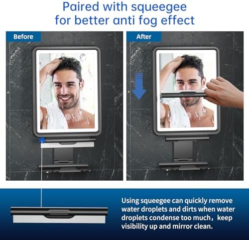 No Fog shower mirror with Squeegee 3-light modes