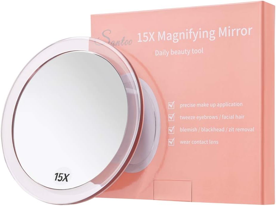 Santoo 15X Magnifying Mirror - Compact with suction cups for makeup precision