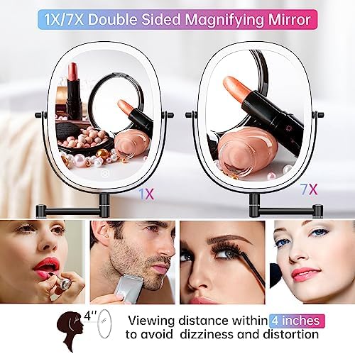 Durable Wall-Mounted Makeup Vanity Mirror with Rechargeable LED 1x7x Magnification