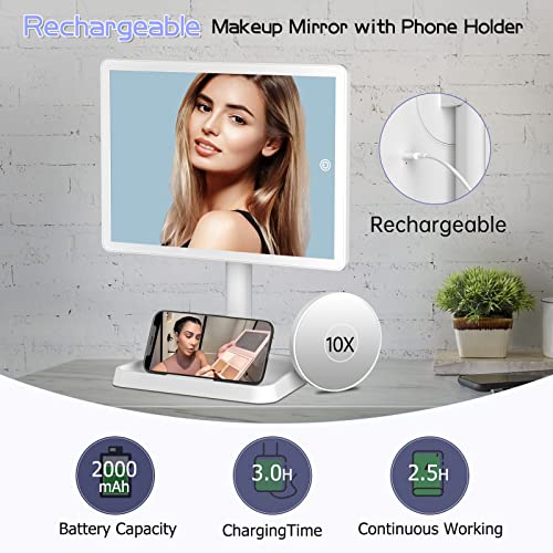 FUNTOUCH Rechargeable Makeup Mirror with Lights Phone Holder