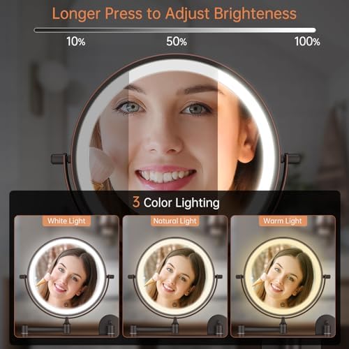 FUNTOUCH Rechargeable Wall Mount Makeup Mirror 8 Inch Double Sided 10X Magnification