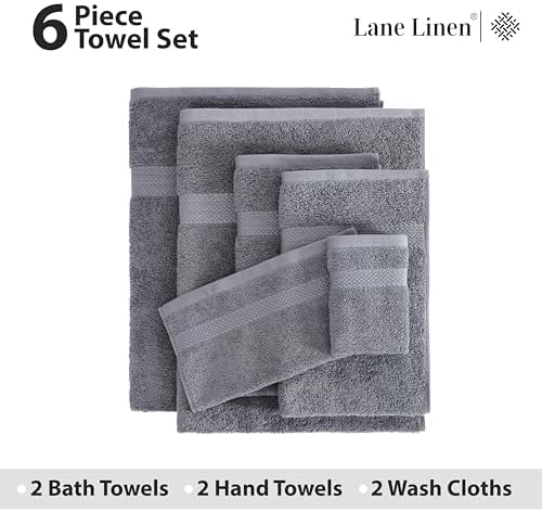 LANE LINEN Bath Towels Set of 6 - 100 Cotton Extra Large Cool Grey