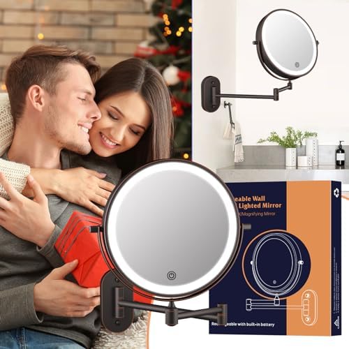 FUNTOUCH Rechargeable Wall Mount Makeup Mirror 8 Inch Double Sided 10X Magnification