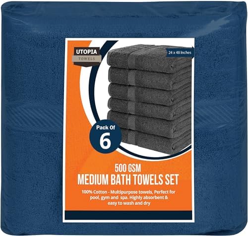 Utopia Medium Bath Towels Set 100 Cotton Quick Drying and Absorbent Navy
