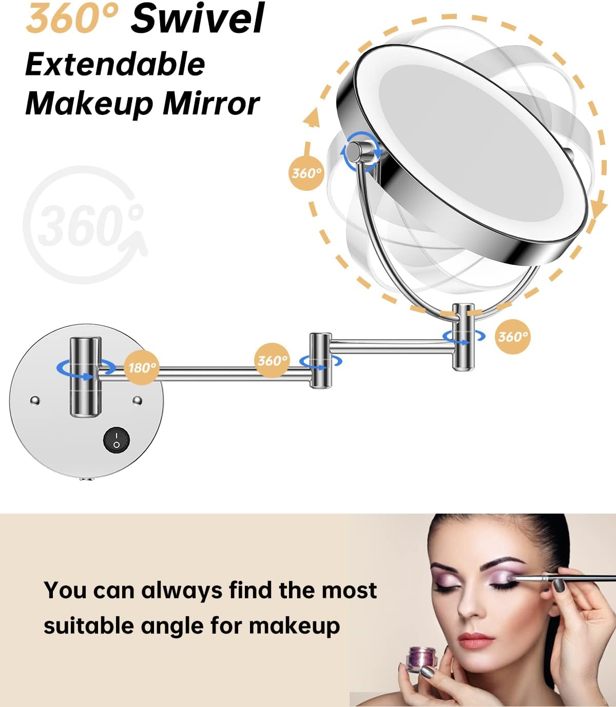Gospire 85 Wall Mounted Lighted Magnifying Mirror with 360 Swivel