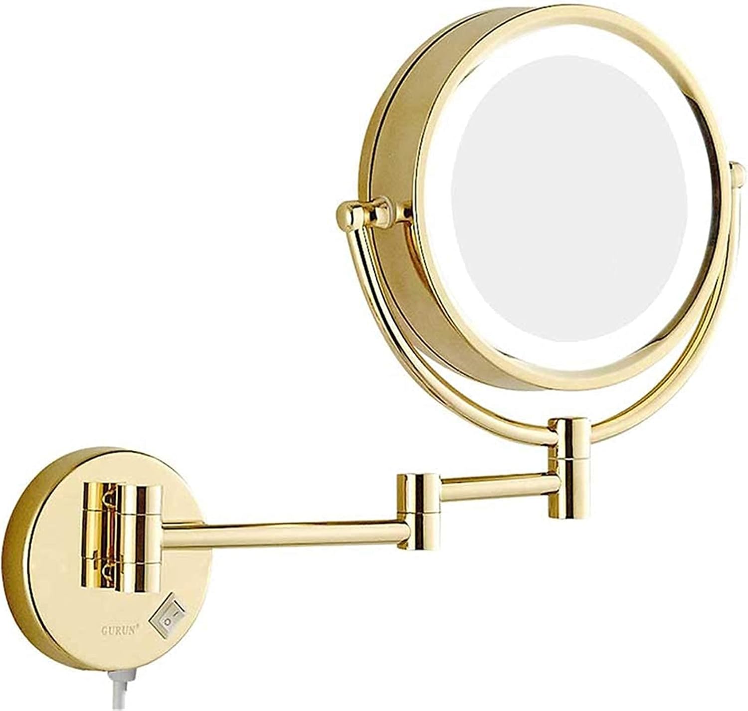 Gold Wall-Mounted Makeup Mirror with Swivel Extension and LED Light