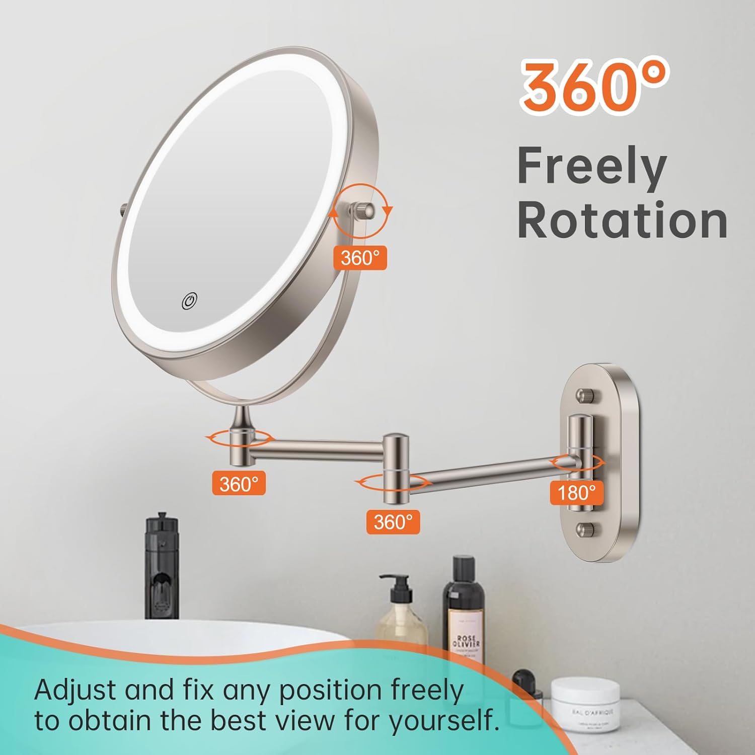 Wall-Mounted Lighted Makeup Vanity Mirror With Rechargeable Battery 360-Degree Rotation