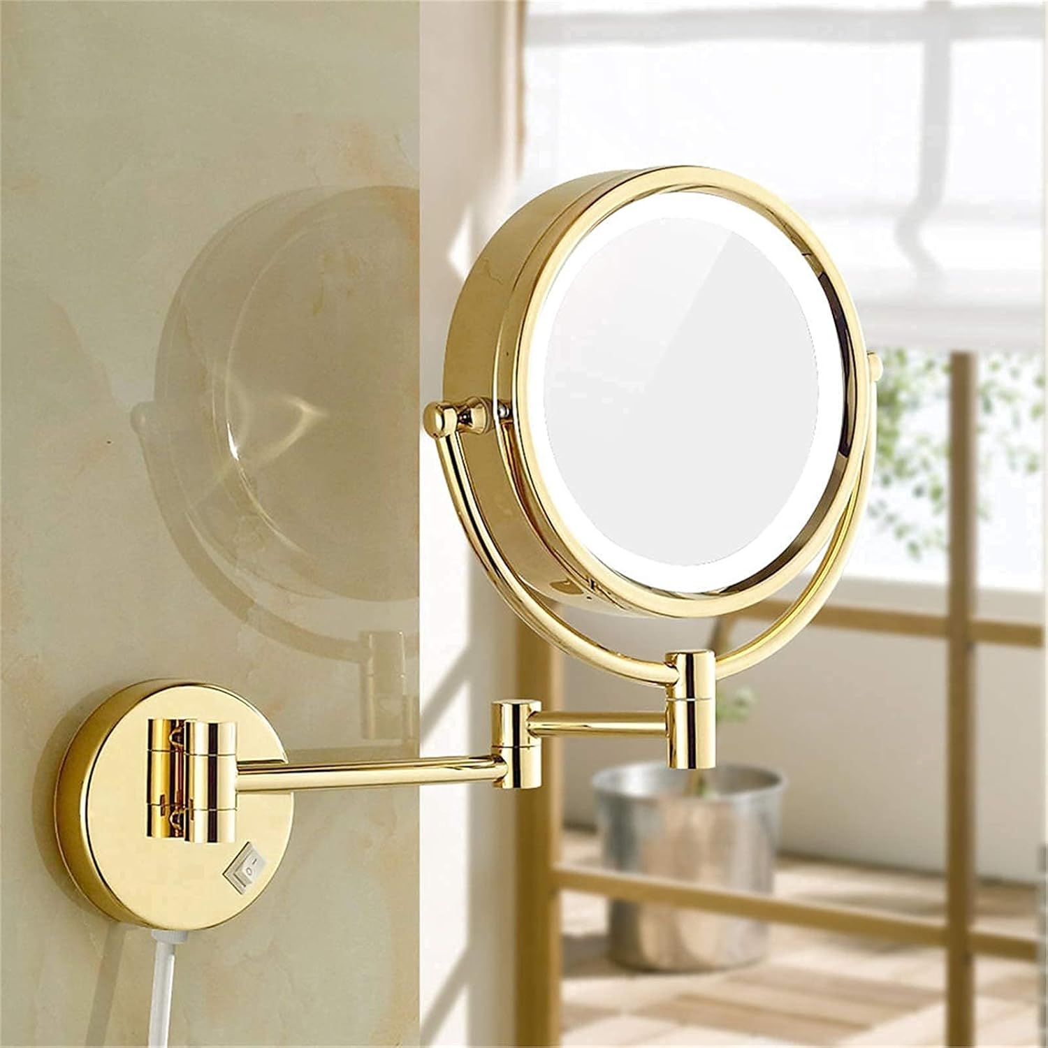 Gold Wall-Mounted Makeup Mirror with Swivel Extension and LED Light