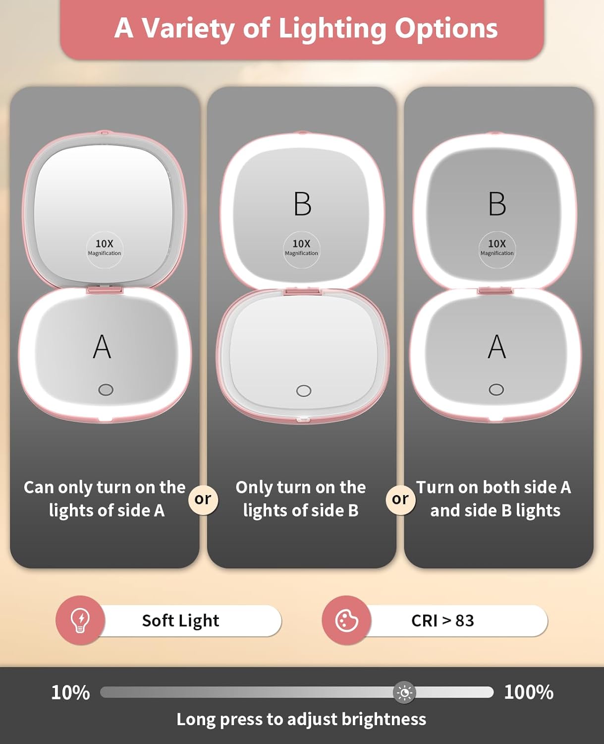 Wobsion 10x Travel Mirror with Light Rose Gold 4in