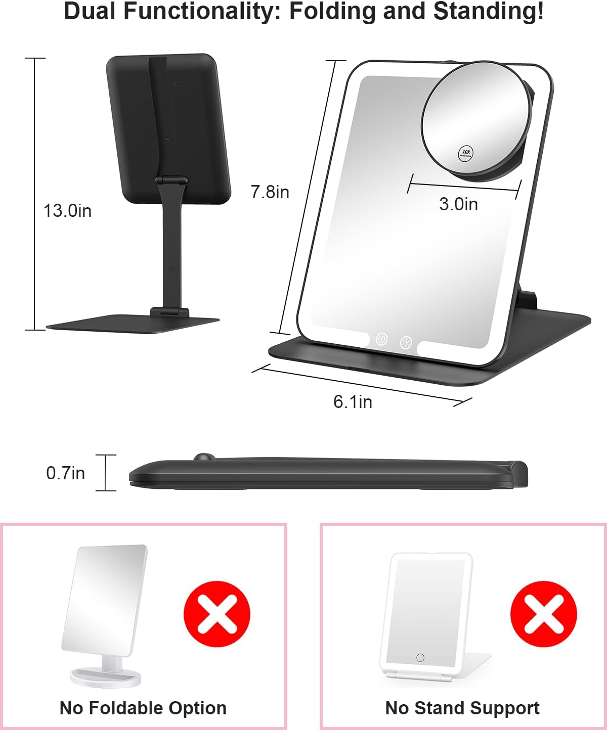 Gospire Compact 10x Makeup Mirror with LED Lights Stand