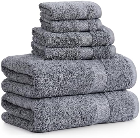 LANE LINEN Bath Towels Set of 6 - 100 Cotton Extra Large Cool Grey