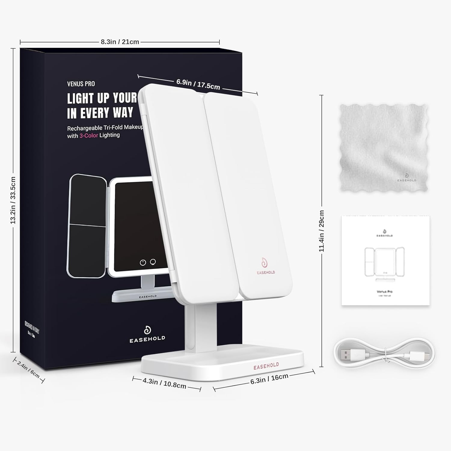 EASEHOLD Trifold Makeup Mirror with Touch Control for Women