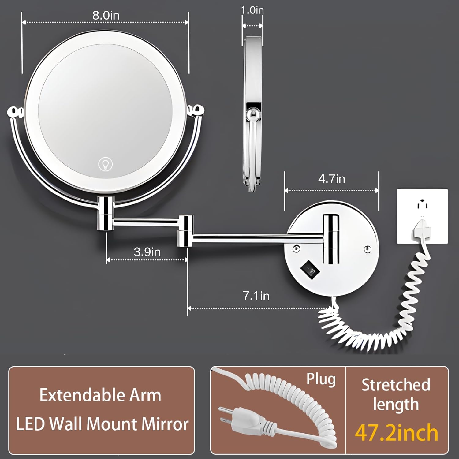 10-Inch wall-mounted Lighted Makeup Mirror with 1x 10x Magnification