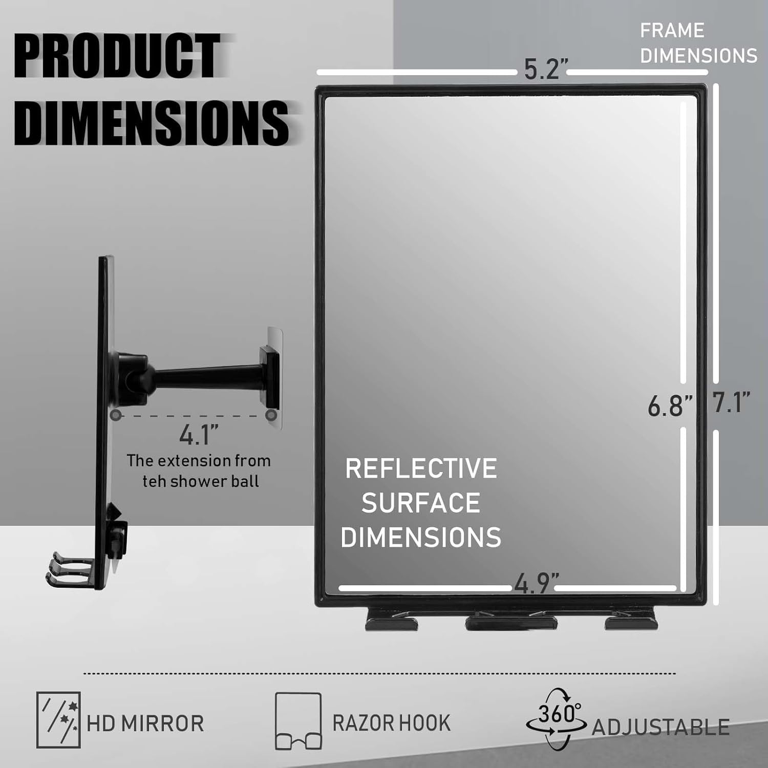 Shower Mirror with 2 Replaceable razors Squeegee 360 Adjustable
