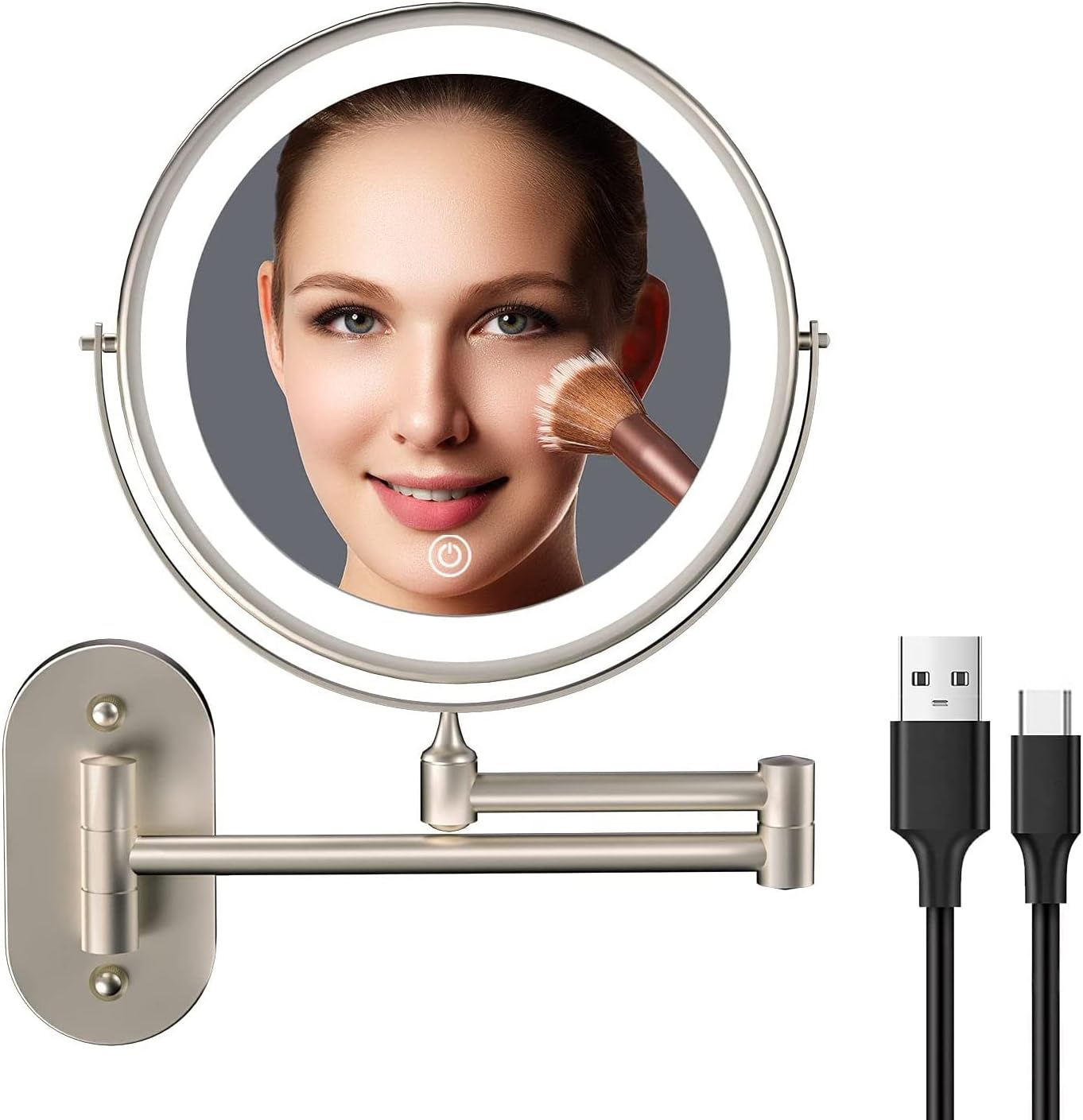 Wall-Mounted Lighted Makeup Vanity Mirror With Rechargeable Battery 360-Degree Rotation