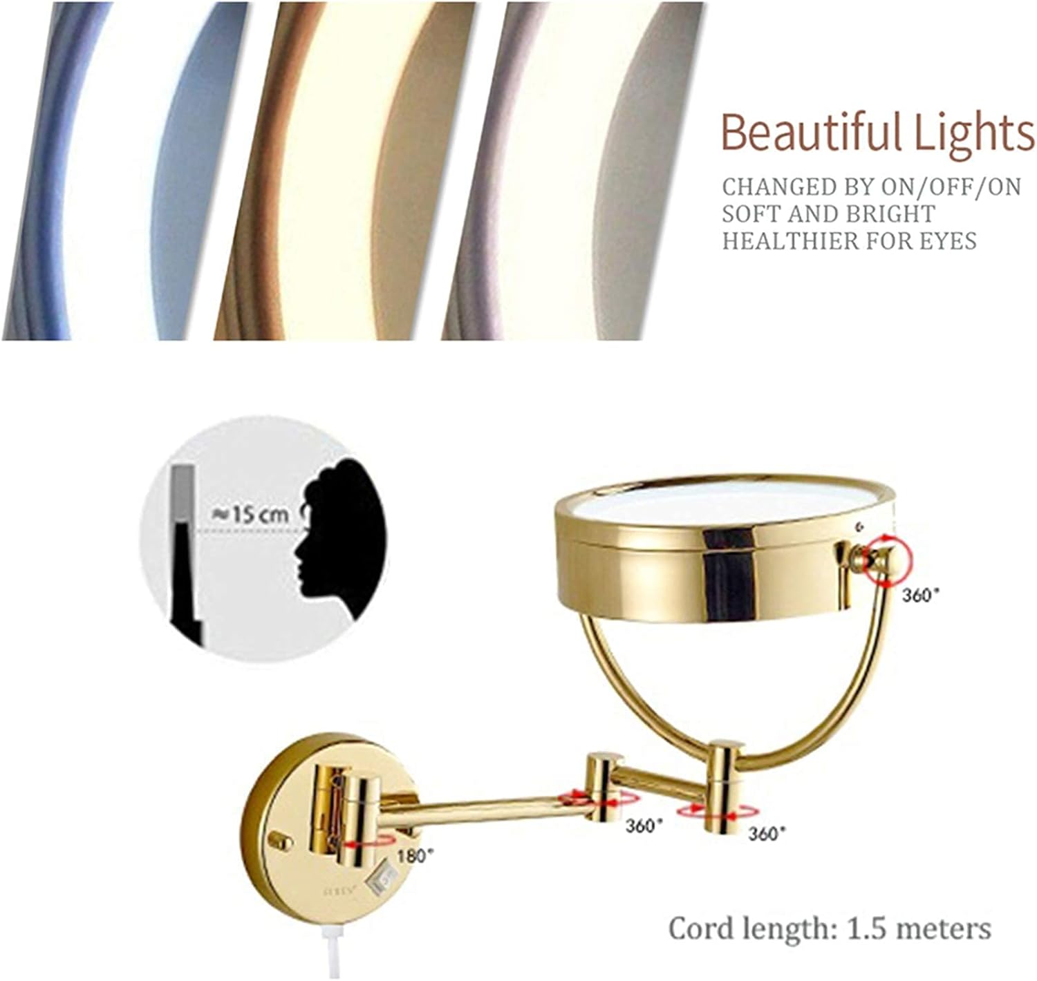 Gold Wall-Mounted Makeup Mirror with Swivel Extension and LED Light
