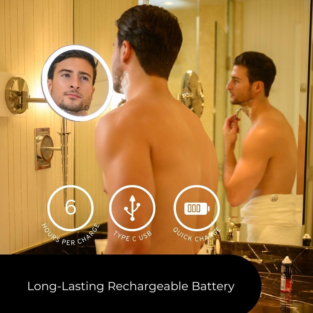 Cordless LED Rechargeable Wall Mirror with Extension Arm
