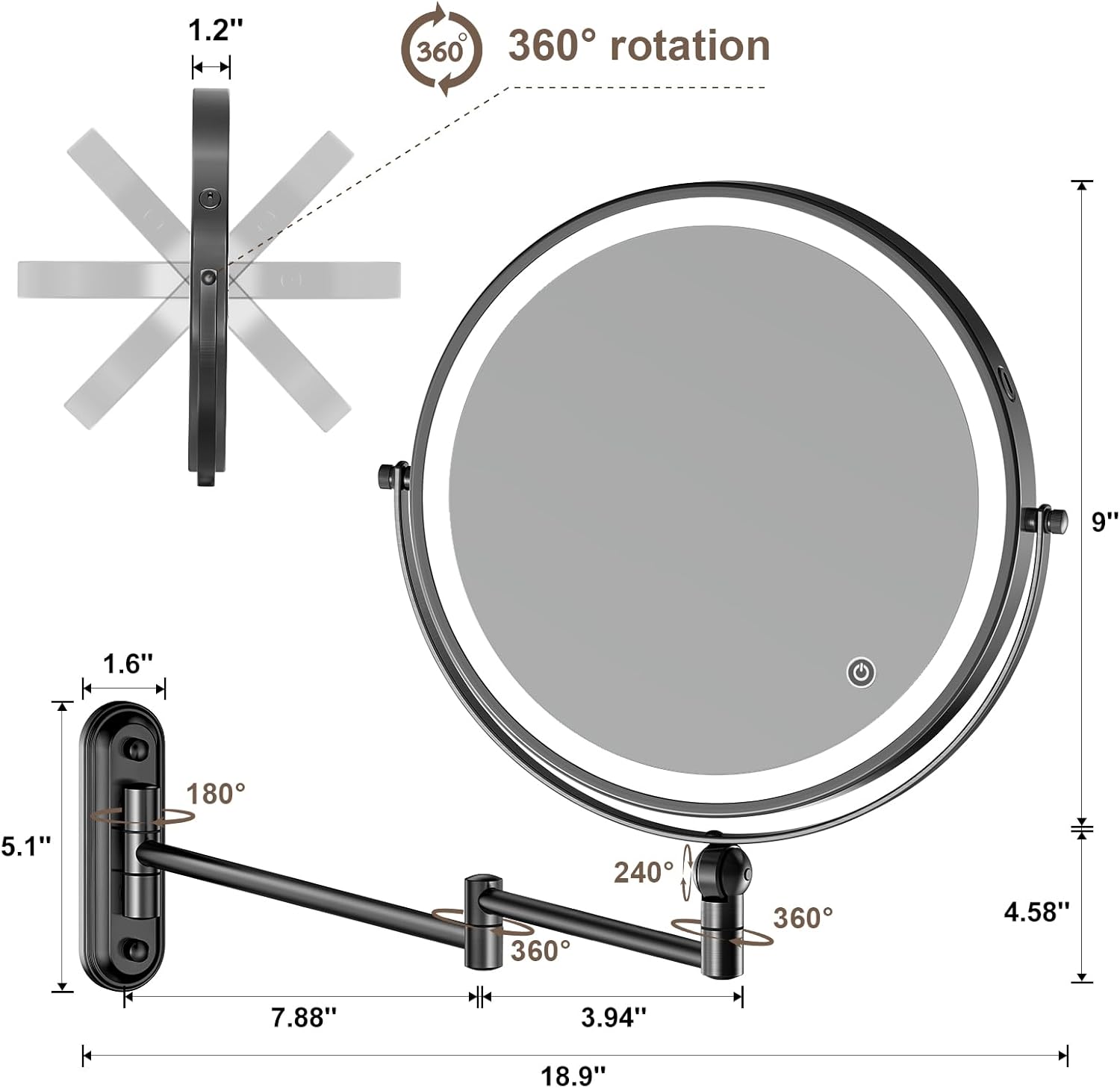 Stylish 9 Makeup Mirror with Rechargeable Battery and Adjustable Design