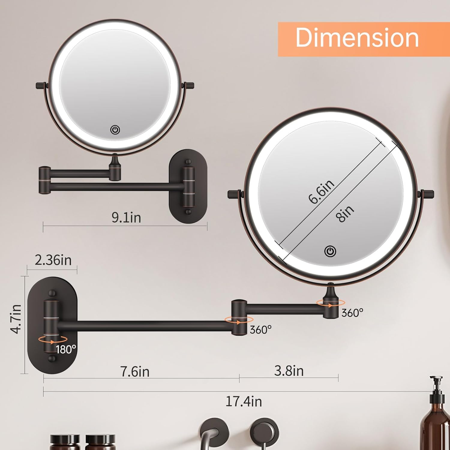 FUNTOUCH Rechargeable Wall Mount Makeup Mirror 8 Inch Double Sided 10X Magnification
