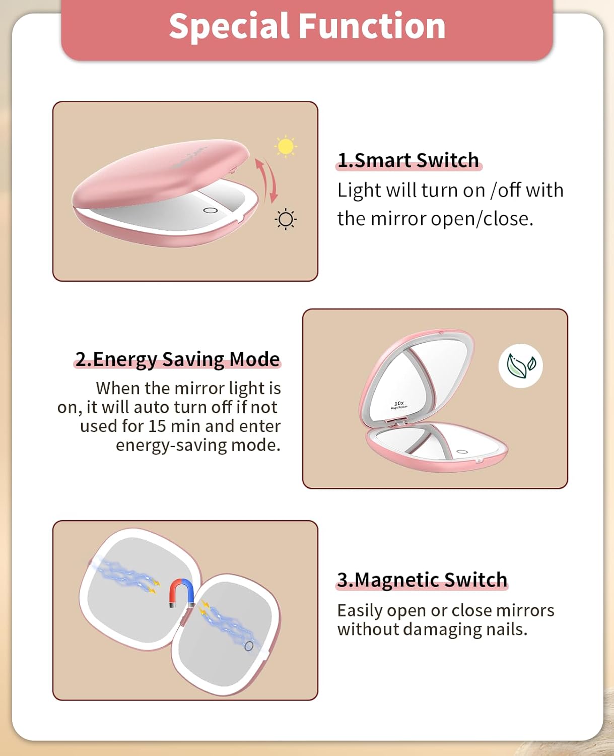 Wobsion 10x Travel Mirror with Light Rose Gold 4in