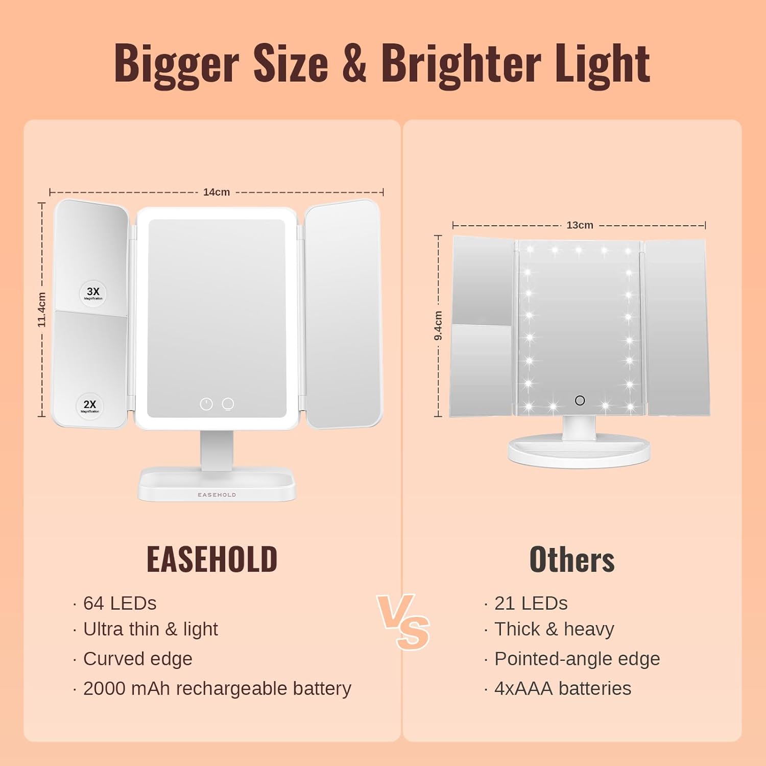 EASEHOLD Trifold Makeup Mirror with Touch Control for Women