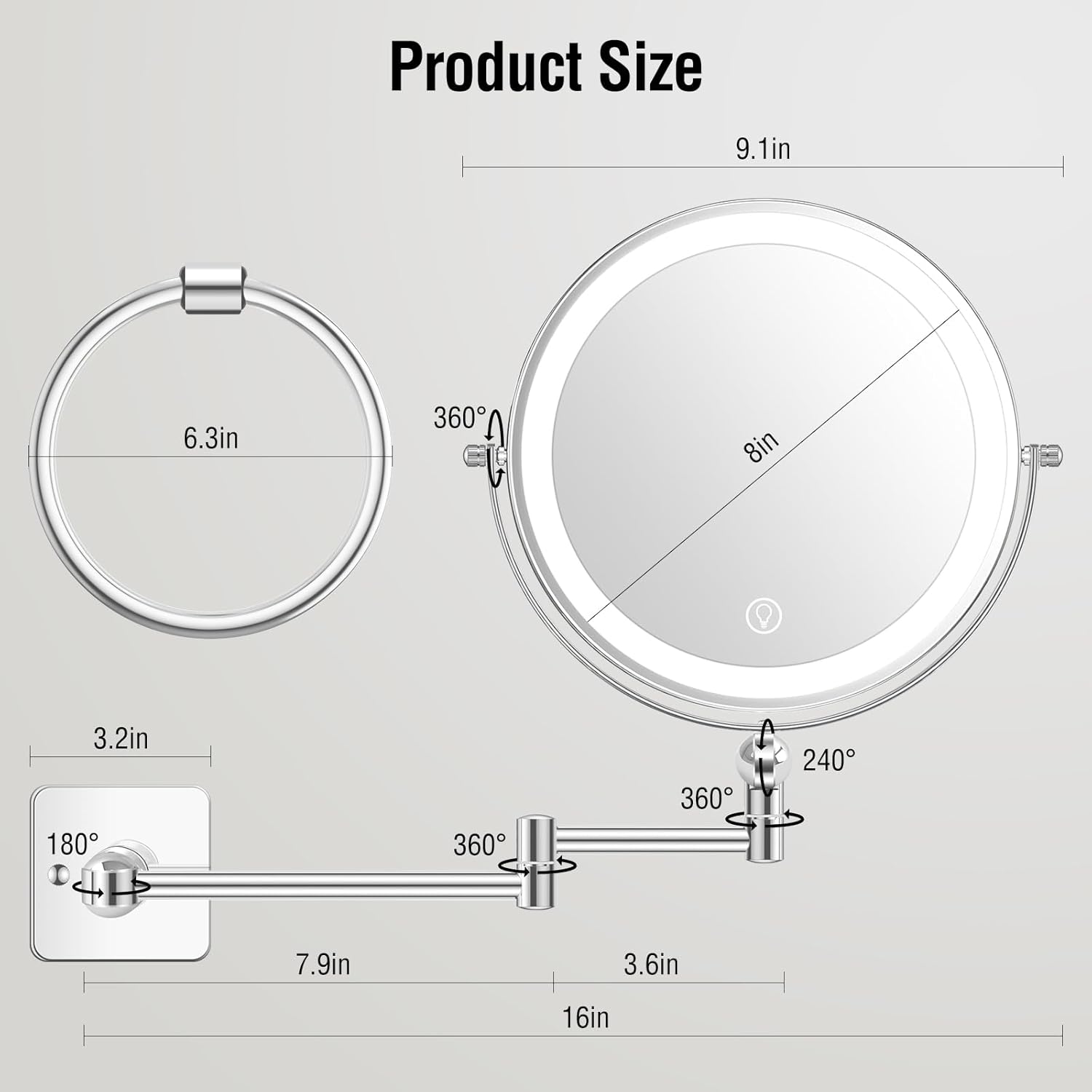 ubymet 360 rotation adjustable 10x large wall mounted makeup mirror