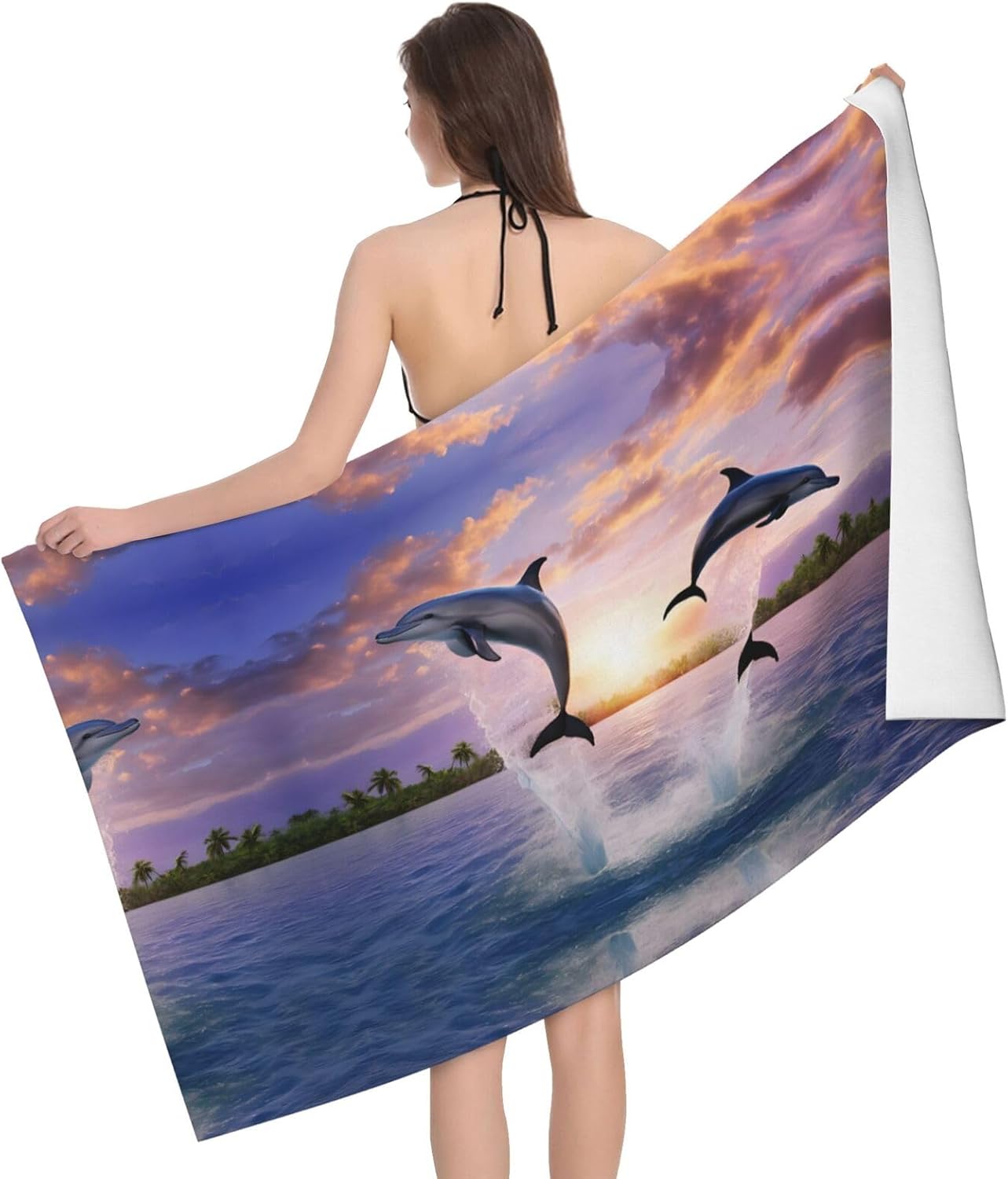 Sunset Dolphins Printed Microfiber Bath Towel
